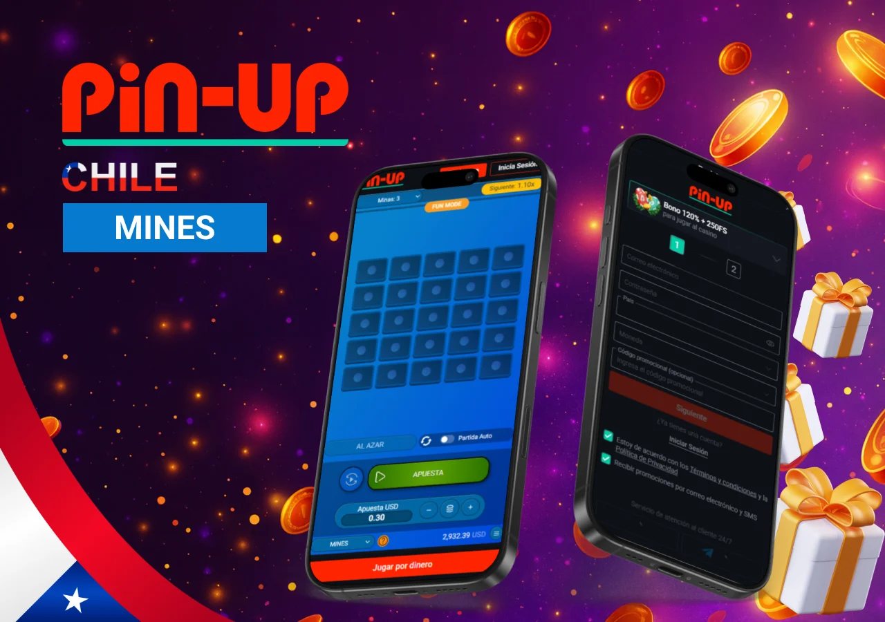 Interfaz de Pin-Up Chile mostrando cómo empezar a jugar Mines con apuestas seguras en línea